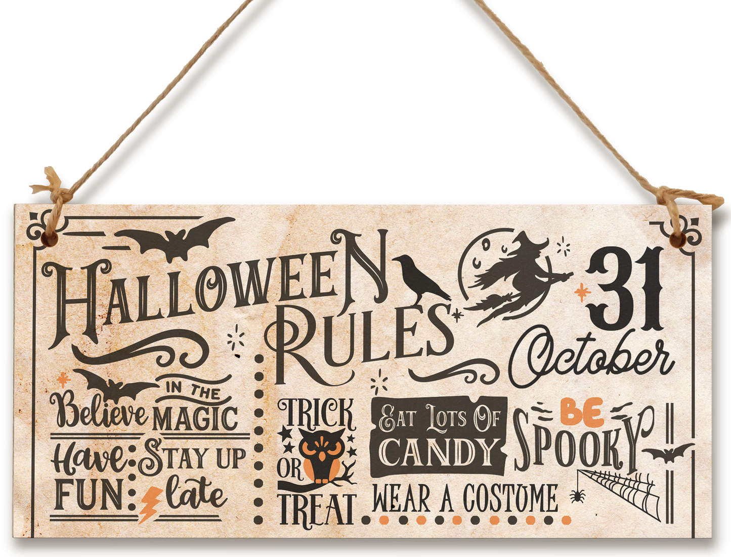 Halloween Rules Spooky Fun Vintage Decorative Halloween Sign Handmade Wooden Hanging Wall Plaque Gift Hallway Home Décor