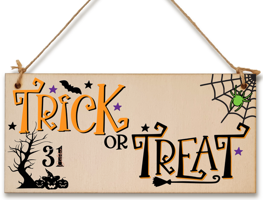 Trick or Treat Spooky Fun Decorative Halloween Sign Handmade Wooden Hanging Wall Plaque Gift Hallway Window Home Décor