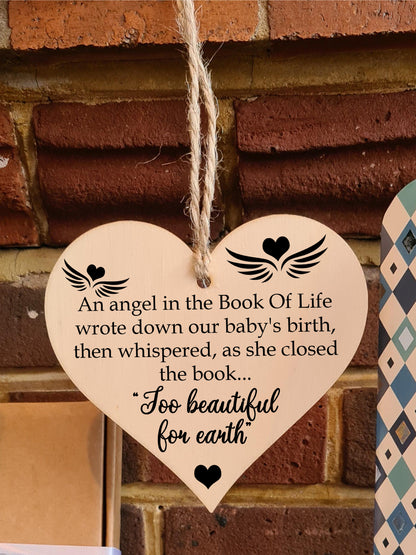 Handmade Wooden Hanging Heart Plaque Gift in Memory of Angel Baby Loving Keepsake