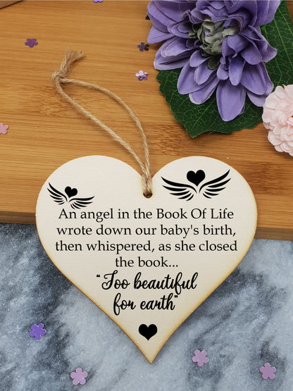 Handmade Wooden Hanging Heart Plaque Gift in Memory of Angel Baby Loving Keepsake