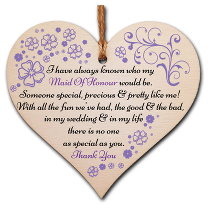 Handmade Wooden Hanging Heart Plaque Gift Thank You for Being My Maid of Honour Wedding Novelty Keepsake