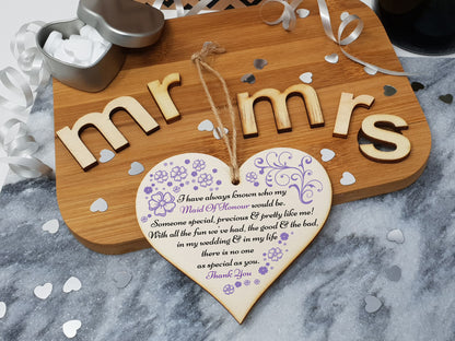 Handmade Wooden Hanging Heart Plaque Gift Thank You for Being My Maid of Honour Wedding Novelty Keepsake