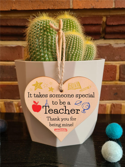 Handmade Wooden Hanging Heart Plaque Gift for Special Teacher Thank You Keepsake