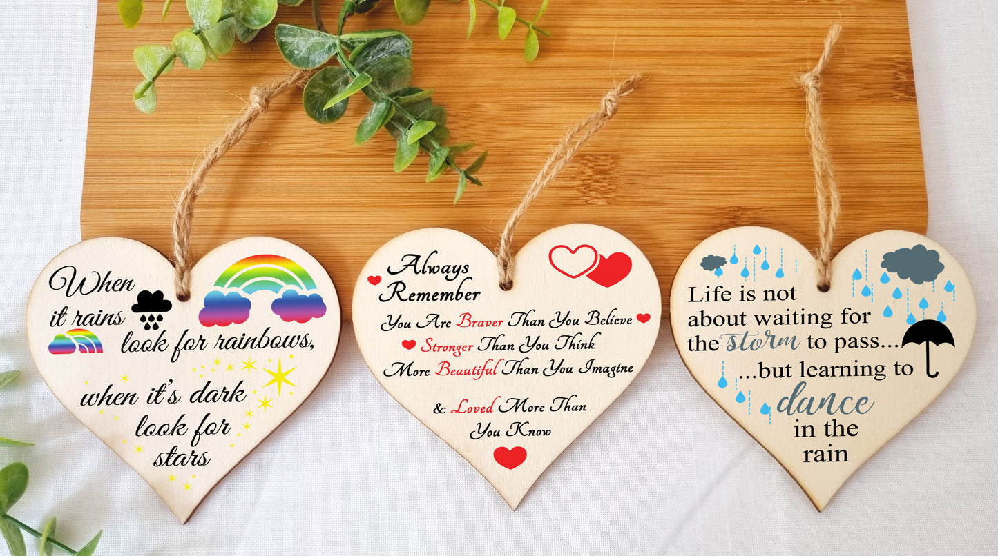 Set of 3 Hanging Decorations Wooden Hearts Inspirational Gift or Pick Me Up Vibes | Always Remember You Are | Rainbows After Storm