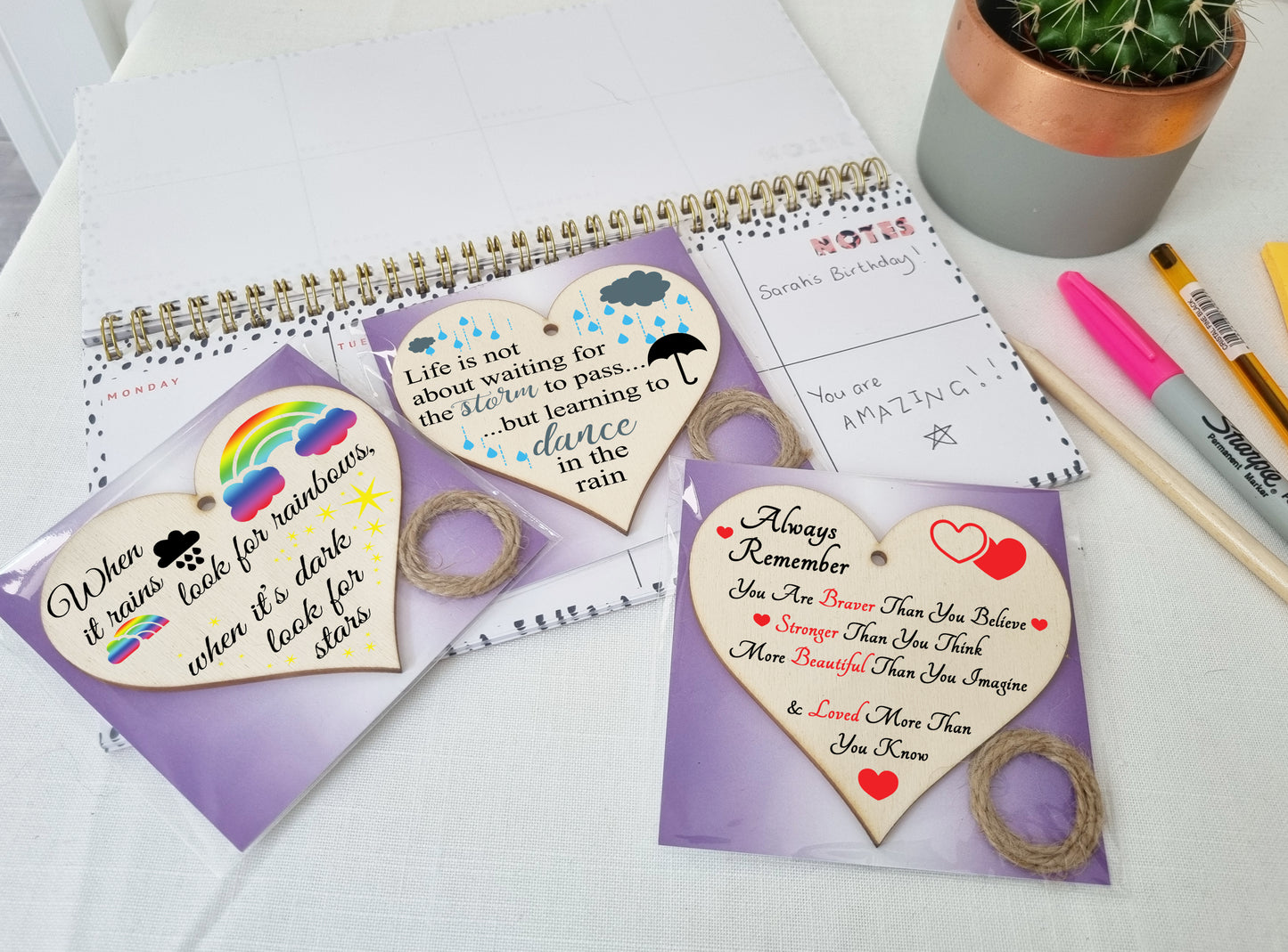 Set of 3 Hanging Decorations Wooden Hearts Inspirational Gift or Pick Me Up Vibes | Always Remember You Are | Rainbows After Storm