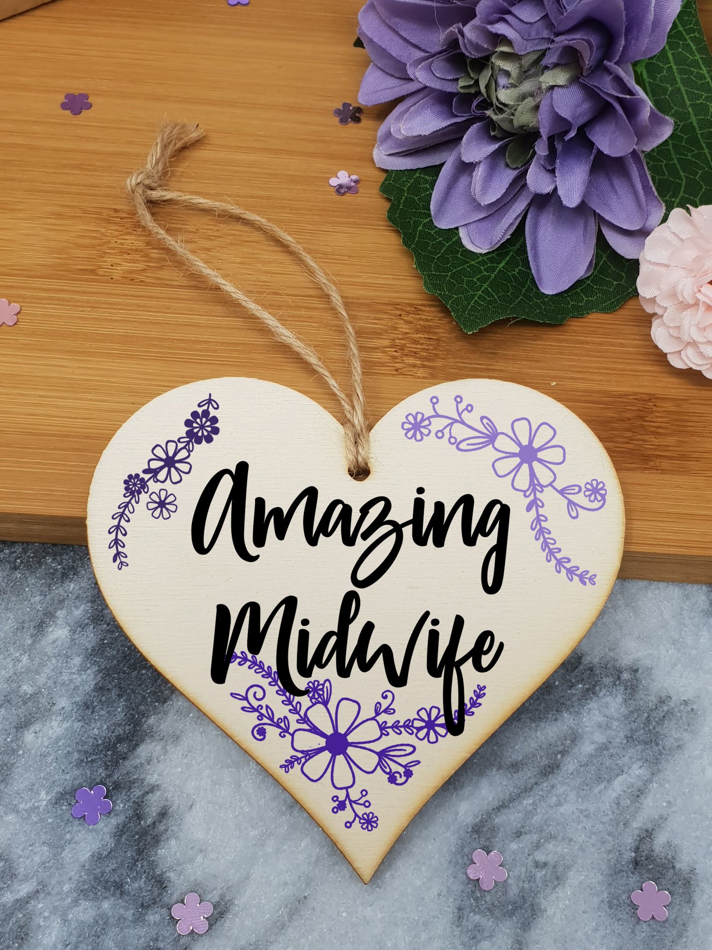 Handmade Wooden Hanging Heart Plaque Gift for a Amazing Midwife Thank You Keepsake