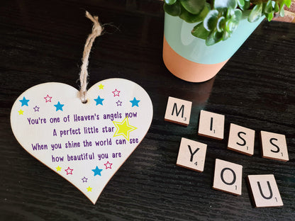 Handmade Wooden Hanging Heart Plaque Gift Heaven Angel Beautiful Star Missing You Bereavement In Memory Keepsake Wall Hanger