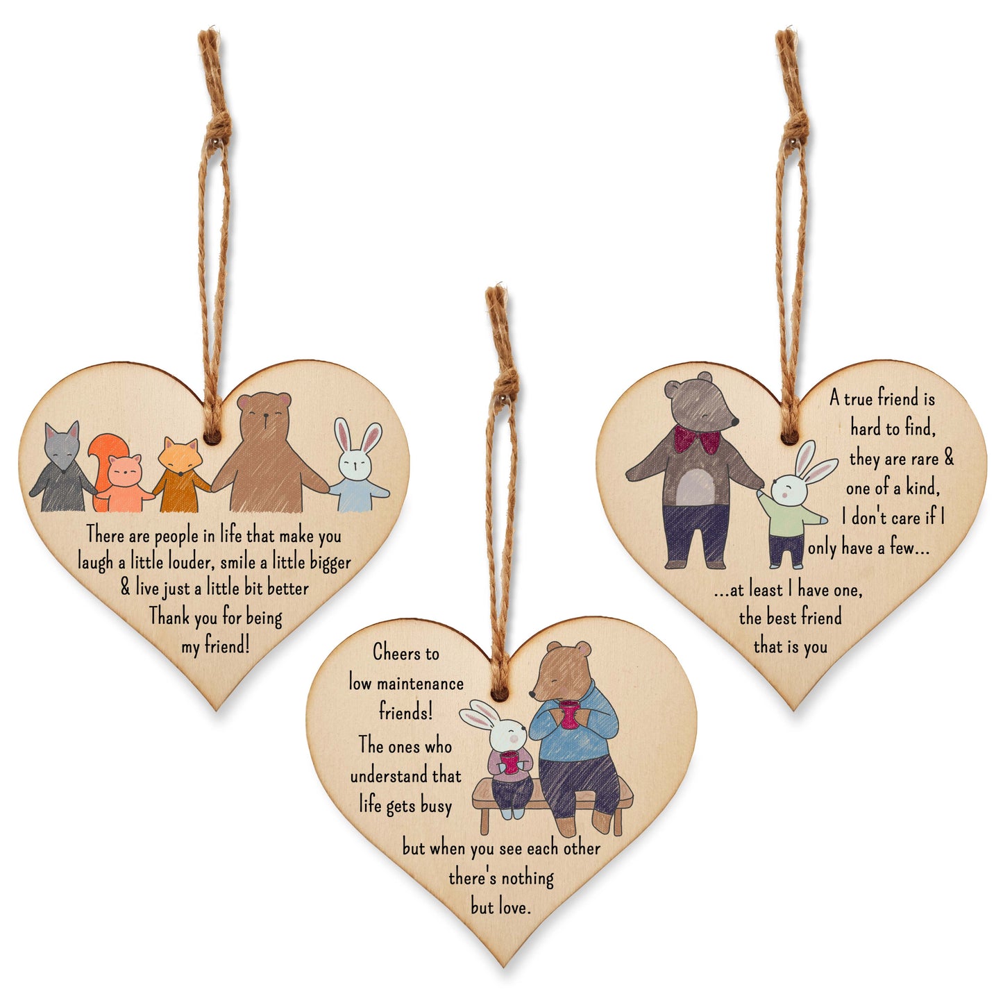 Set of 3 Hanging Decorations Wooden Hearts Friendship Gifts or BFF Besties | Laugh Louder | Low Maintenance Friends | One of a Kind