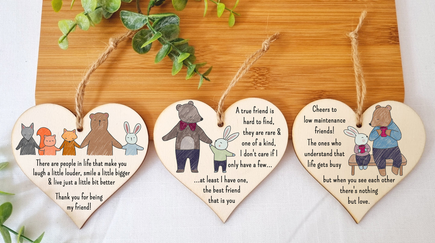 Set of 3 Hanging Decorations Wooden Hearts Friendship Gifts or BFF Besties | Laugh Louder | Low Maintenance Friends | One of a Kind