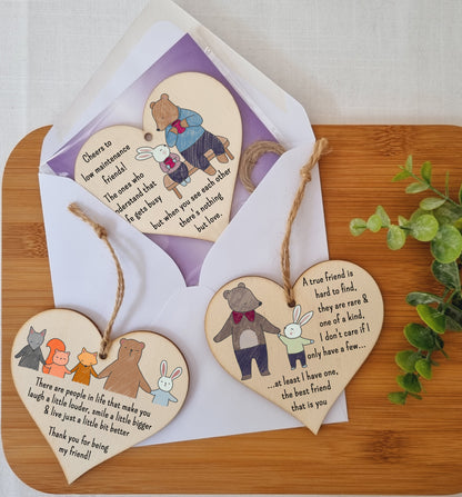 Set of 3 Hanging Decorations Wooden Hearts Friendship Gifts or BFF Besties | Laugh Louder | Low Maintenance Friends | One of a Kind