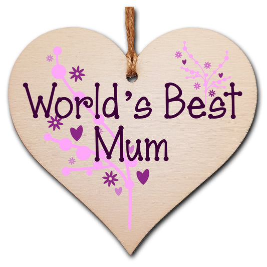 Handmade Wooden Hanging Heart Plaque Mother's Day Gift for Mum loving thoughtful special keepsake World's Best Mum stylish classy artistic wall hanger card alternative from daughter son kids