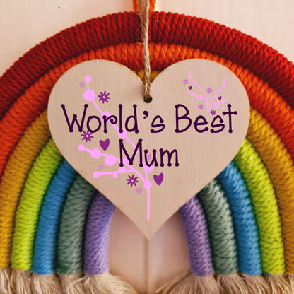 Handmade Wooden Hanging Heart Plaque Mother's Day Gift for Mum loving thoughtful special keepsake World's Best Mum stylish classy artistic wall hanger card alternative from daughter son kids