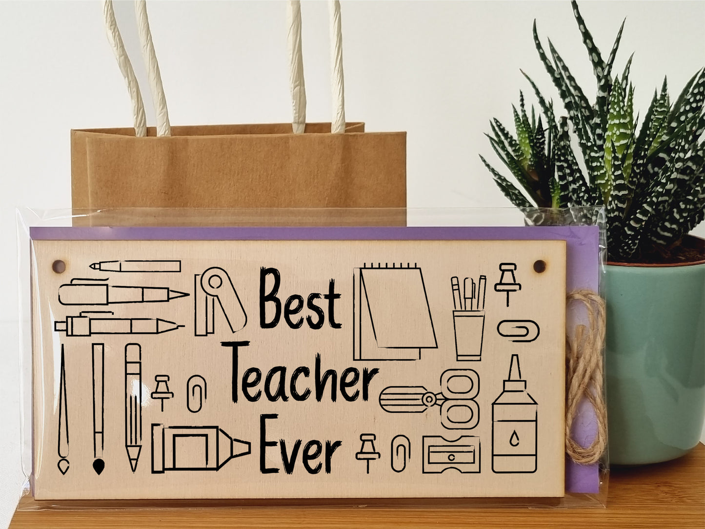 Handmade Wooden Hanging Wall Plaque for the Best Teacher Ever End of Term Gift Fun Stationery Design