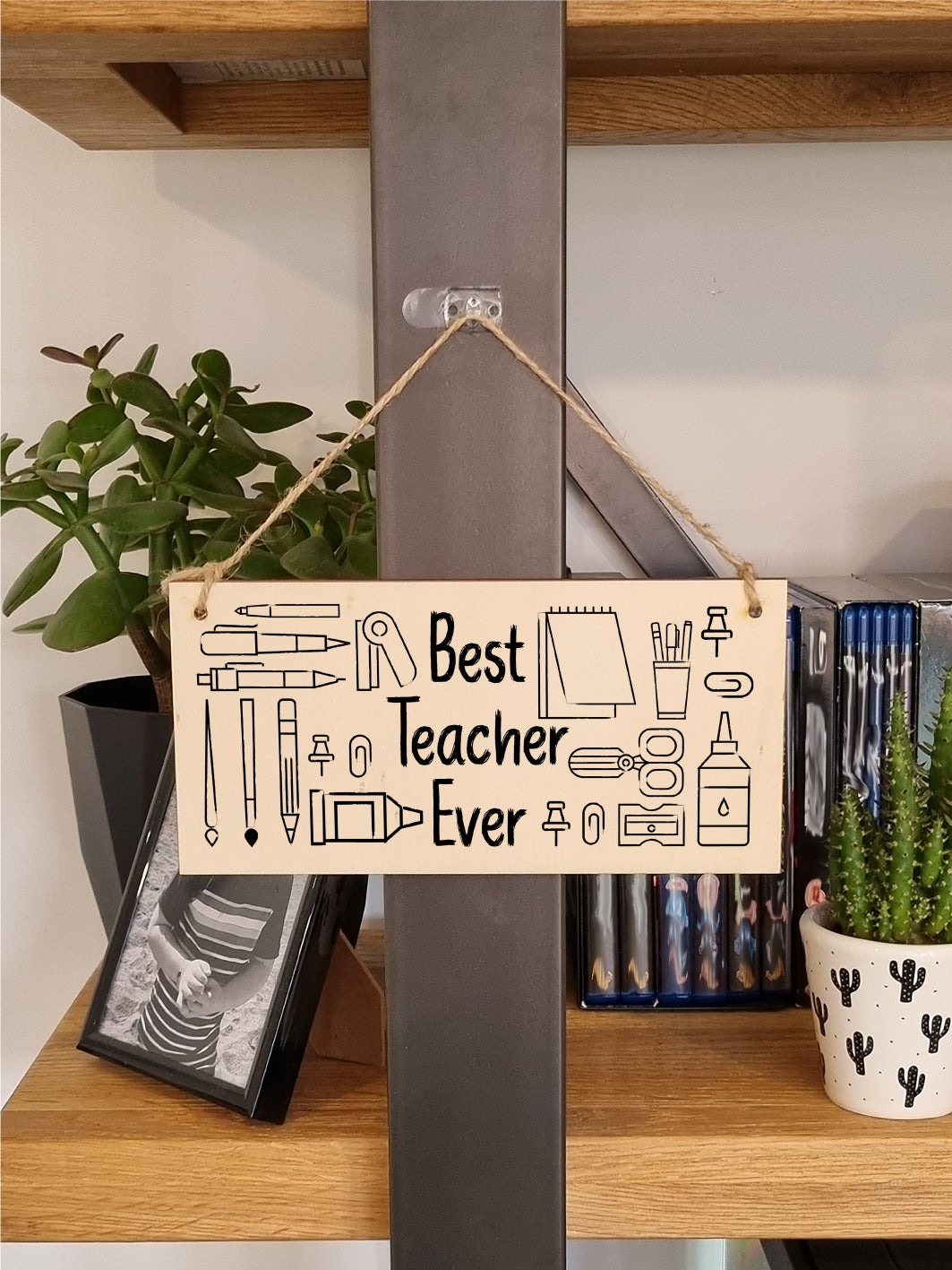 Handmade Wooden Hanging Wall Plaque for the Best Teacher Ever End of Term Gift Fun Stationery Design