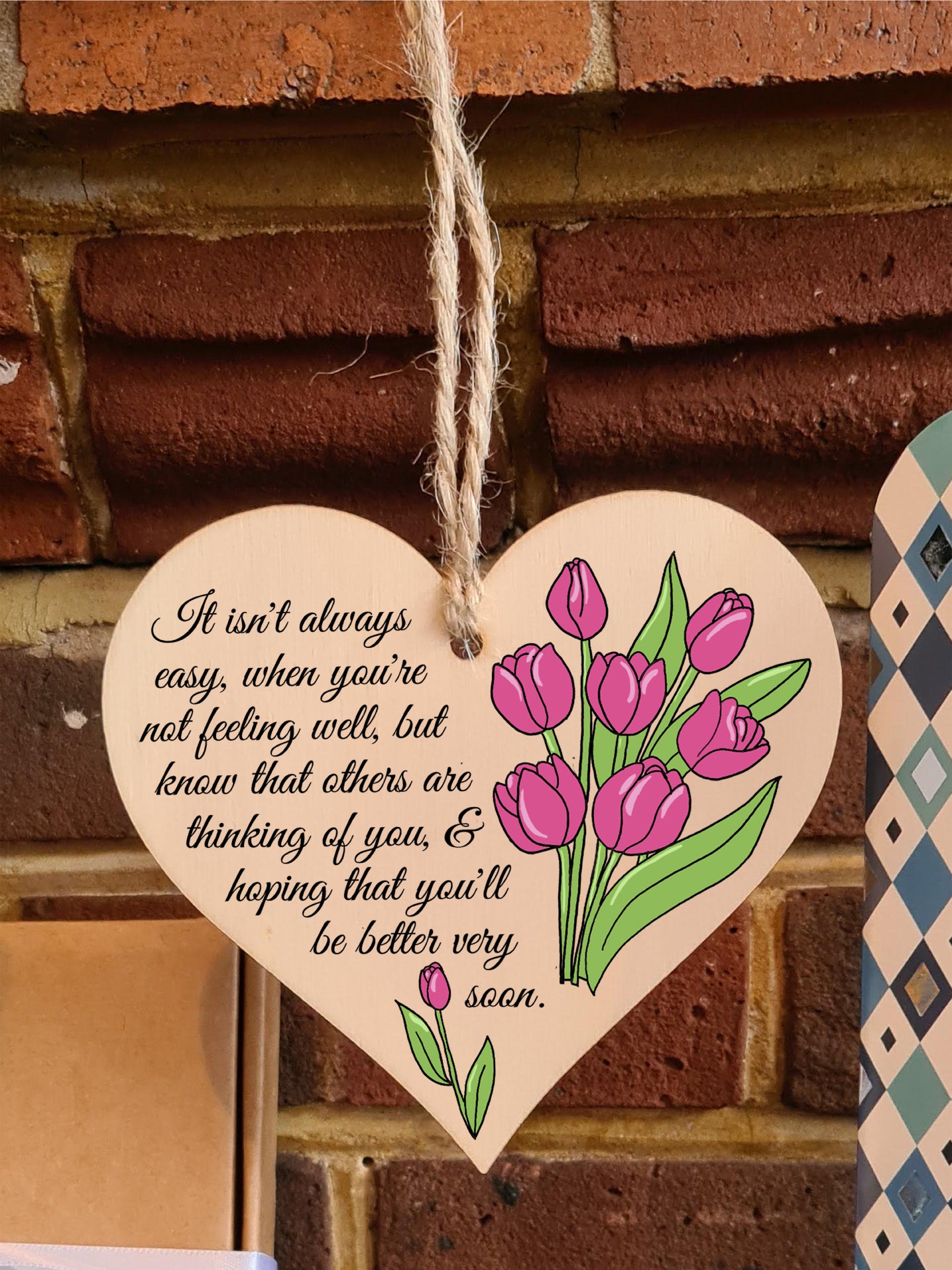 Handmade Wooden Hanging Heart Plaque Gift Get Well Soon Sympathy Keepsake Card Alternative