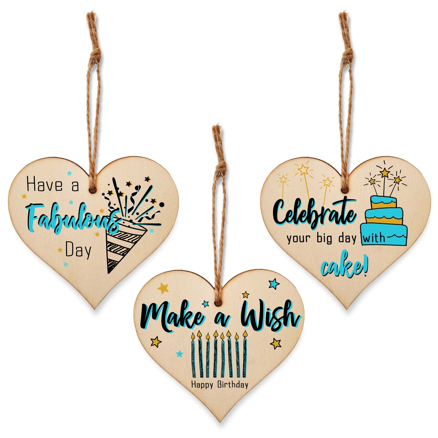 Set of 3 Hanging Decorations Wooden Hearts Happy Birthday Card Alternative | Celebrate in Style | Make a Wish | Have a Fabulous Day