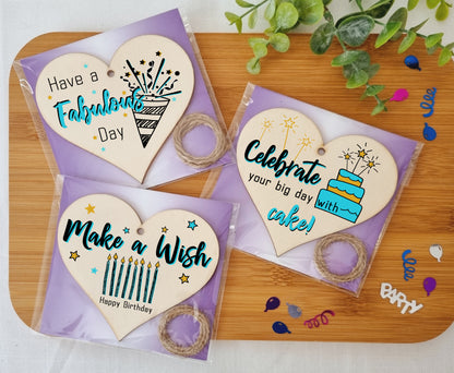 Set of 3 Hanging Decorations Wooden Hearts Happy Birthday Card Alternative | Celebrate in Style | Make a Wish | Have a Fabulous Day