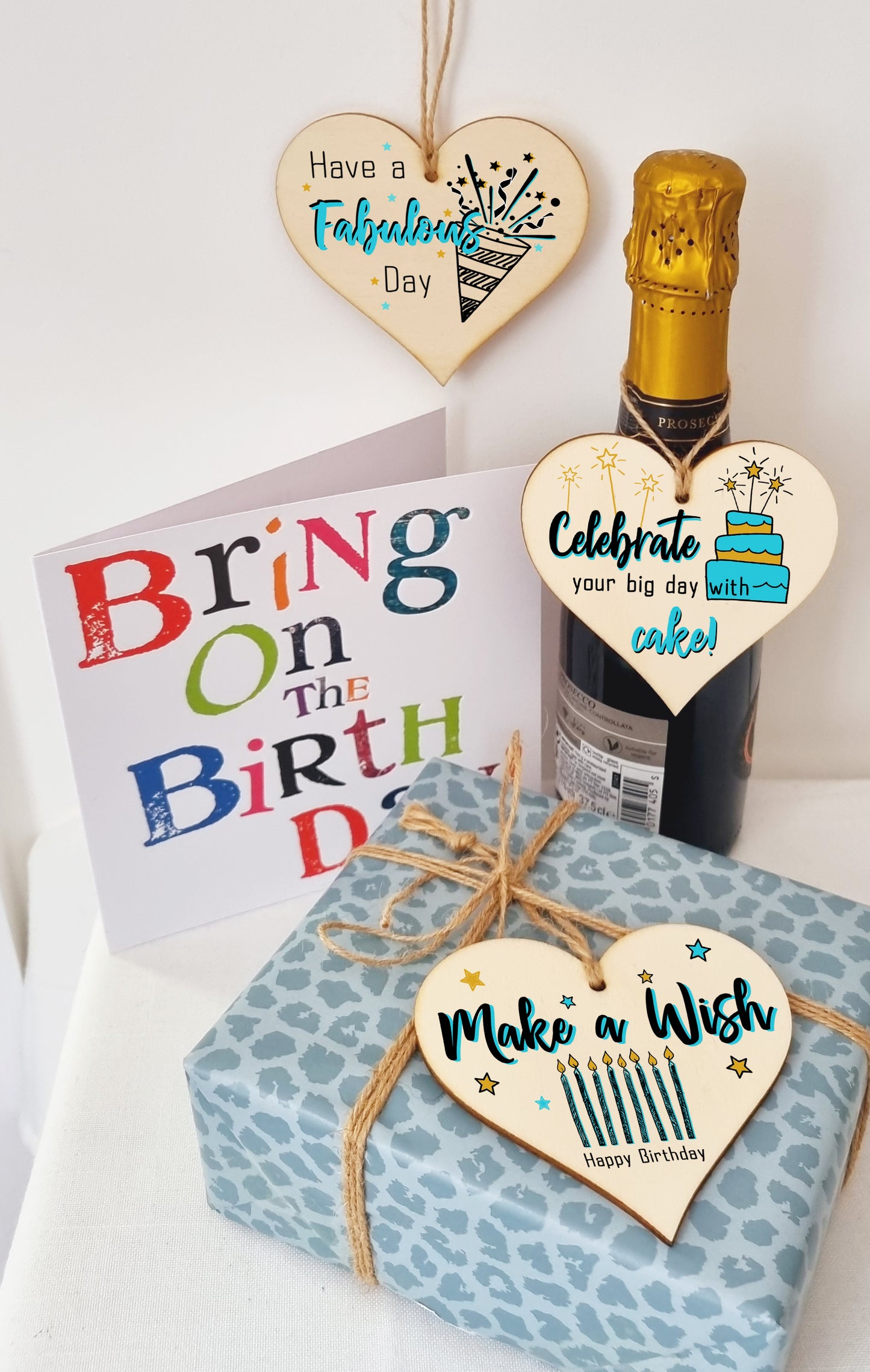 Set of 3 Hanging Decorations Wooden Hearts Happy Birthday Card Alternative | Celebrate in Style | Make a Wish | Have a Fabulous Day