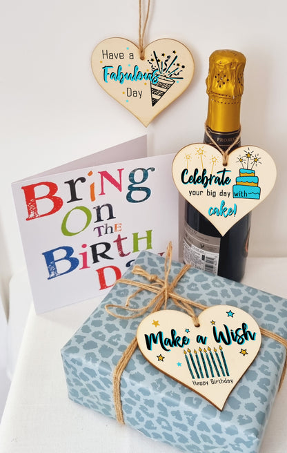 Set of 3 Hanging Decorations Wooden Hearts Happy Birthday Card Alternative | Celebrate in Style | Make a Wish | Have a Fabulous Day