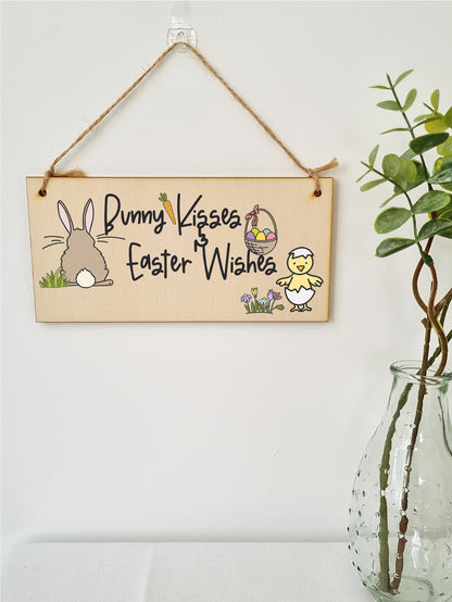 Handmade Wooden Hanging Wall Plaque Bunny Kisses Easter Wishes Cute Fun Easter Sign Garden Kitchen Decoration