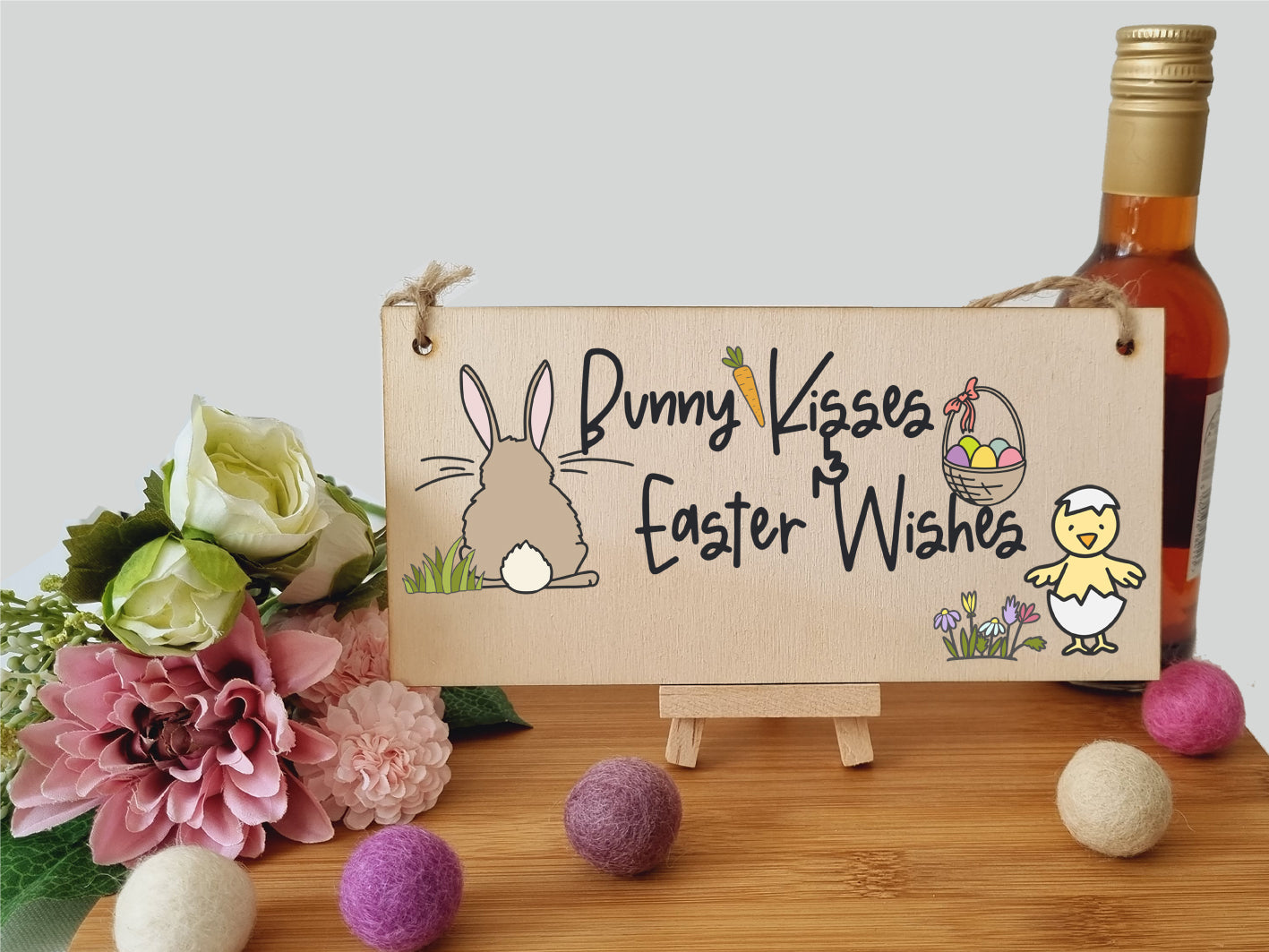 Handmade Wooden Hanging Wall Plaque Bunny Kisses Easter Wishes Cute Fun Easter Sign Garden Kitchen Decoration