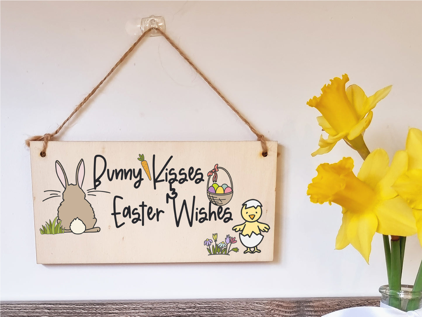 Handmade Wooden Hanging Wall Plaque Bunny Kisses Easter Wishes Cute Fun Easter Sign Garden Kitchen Decoration