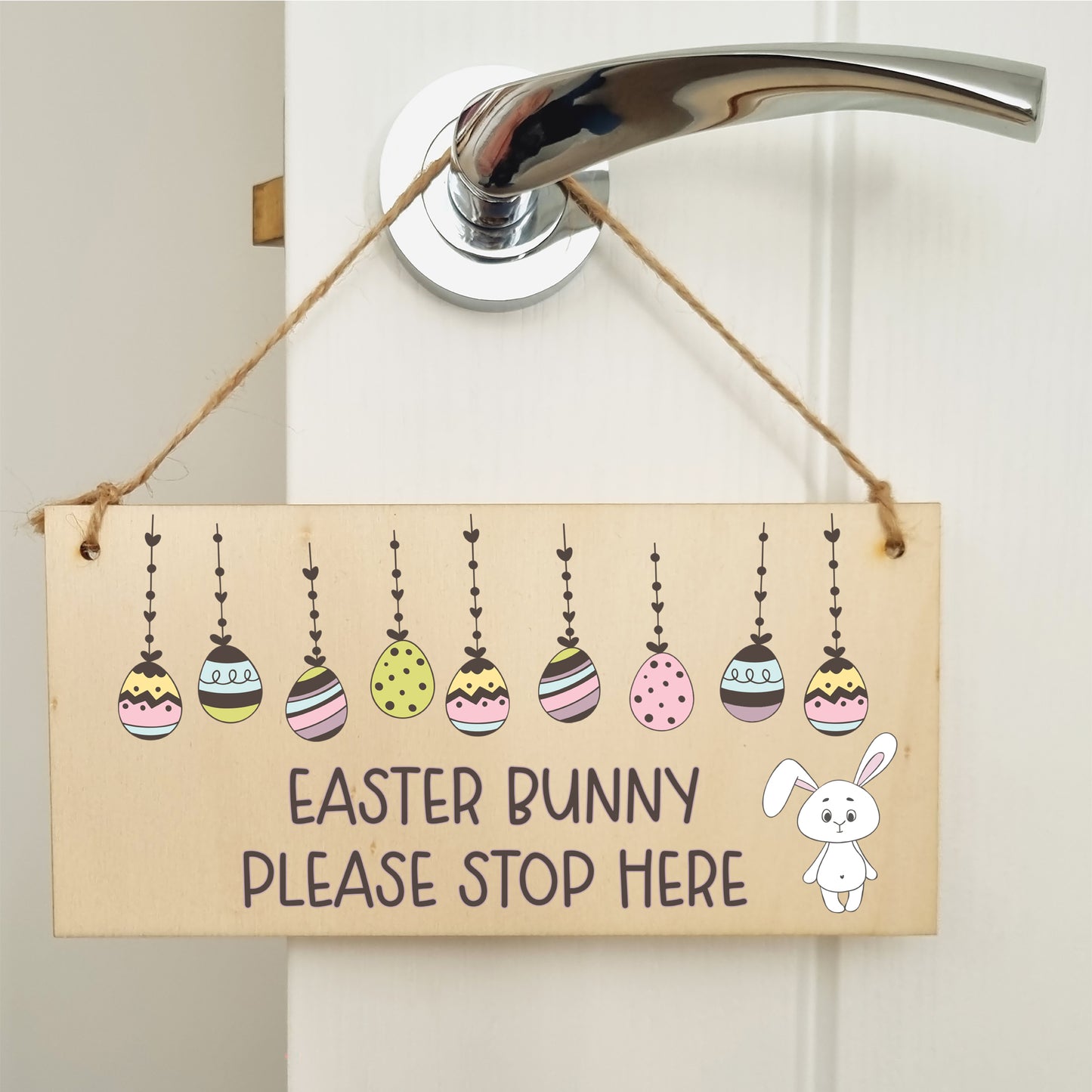 Handmade Wooden Hanging Wall Plaque Easter Bunny Please Stop Here Cute Fun Easter Sign Garden Kitchen Decoration