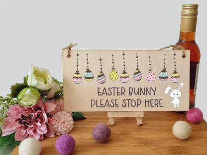 Handmade Wooden Hanging Wall Plaque Easter Bunny Please Stop Here Cute Fun Easter Sign Garden Kitchen Decoration