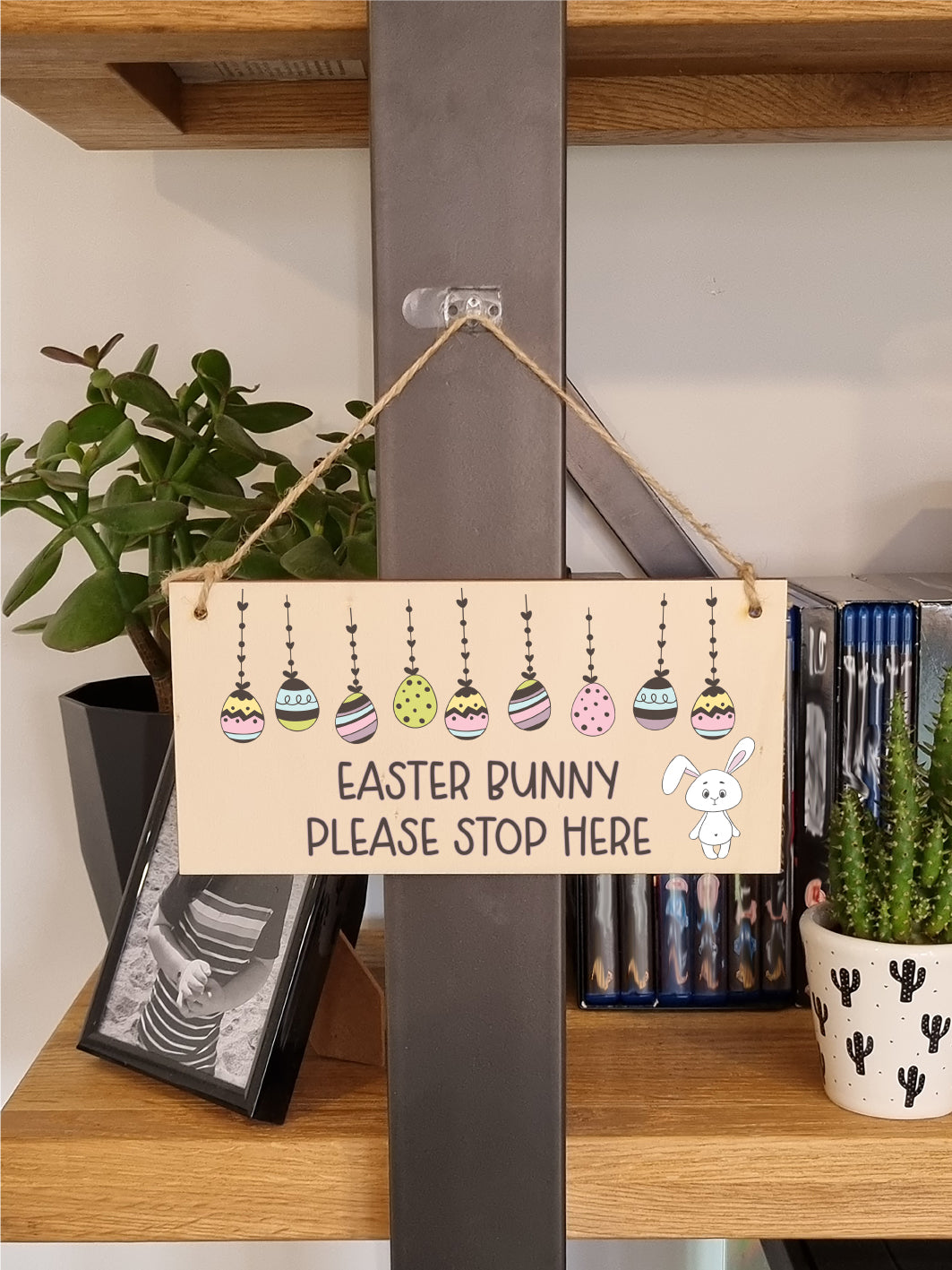 Handmade Wooden Hanging Wall Plaque Easter Bunny Please Stop Here Cute Fun Easter Sign Garden Kitchen Decoration