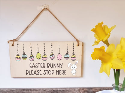 Handmade Wooden Hanging Wall Plaque Easter Bunny Please Stop Here Cute Fun Easter Sign Garden Kitchen Decoration