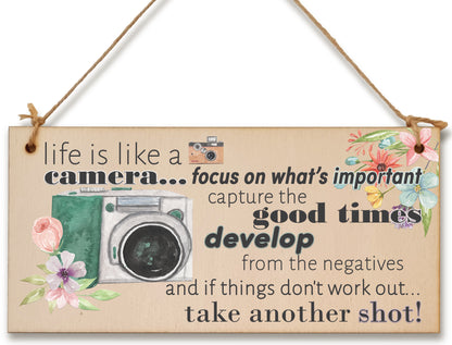 Life is like a camera Inspirational Handmade Wooden Plaque Photography Hanging Sign Watercolour Retro Style Home Décor