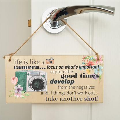 Life is like a camera Inspirational Handmade Wooden Plaque Photography Hanging Sign Watercolour Retro Style Home Décor