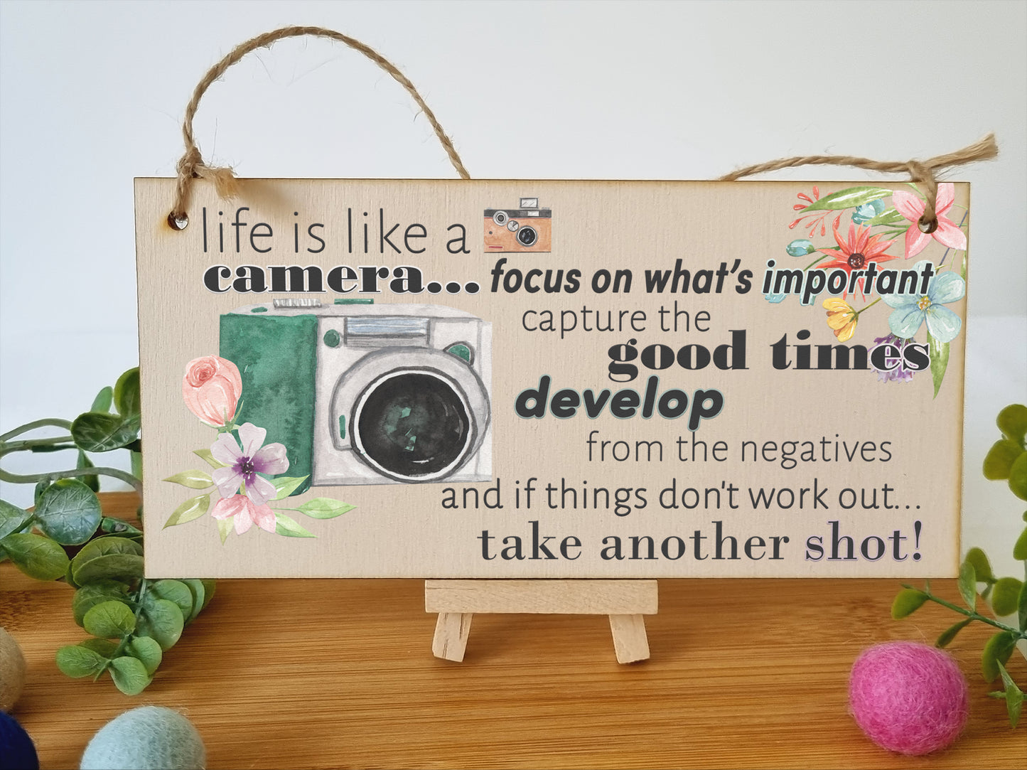 Life is like a camera Inspirational Handmade Wooden Plaque Photography Hanging Sign Watercolour Retro Style Home Décor