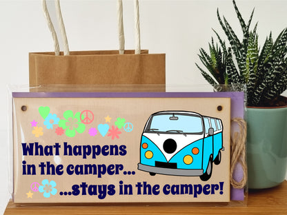 Handmade Wooden Hanging Wall Plaque What Happens in the Camper Fun Retro Camping Adventure Sign