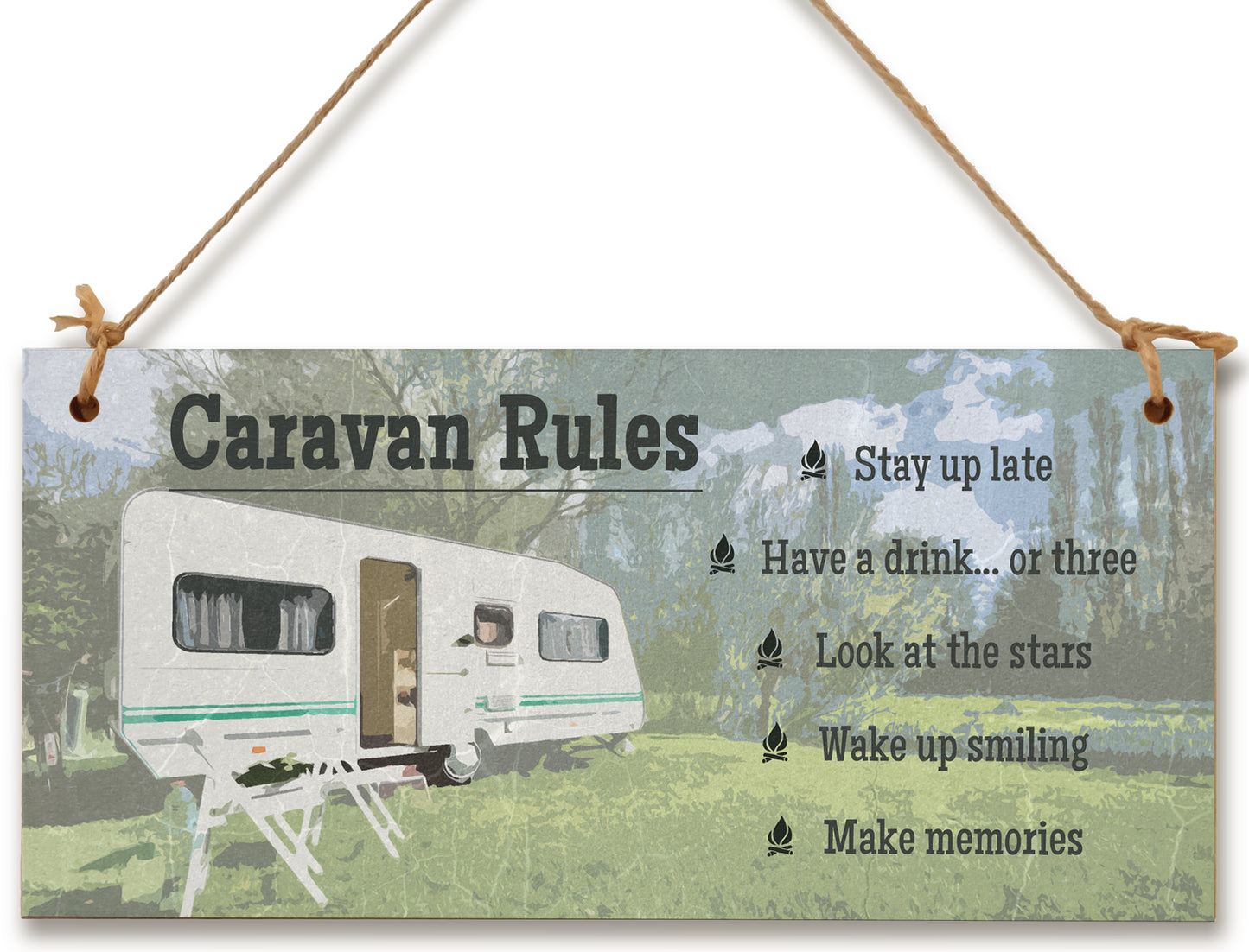 Handmade Wooden Hanging Wall Plaque Caravan Rules Stay Up Late Have a Drink Make Memories Fun Camping Adventure Sign