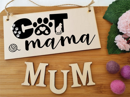 Handmade Wooden Hanging Wall Plaque Cat Mama Cute Funny Gift Pet Lover Cat Mum Parent Mother's Day