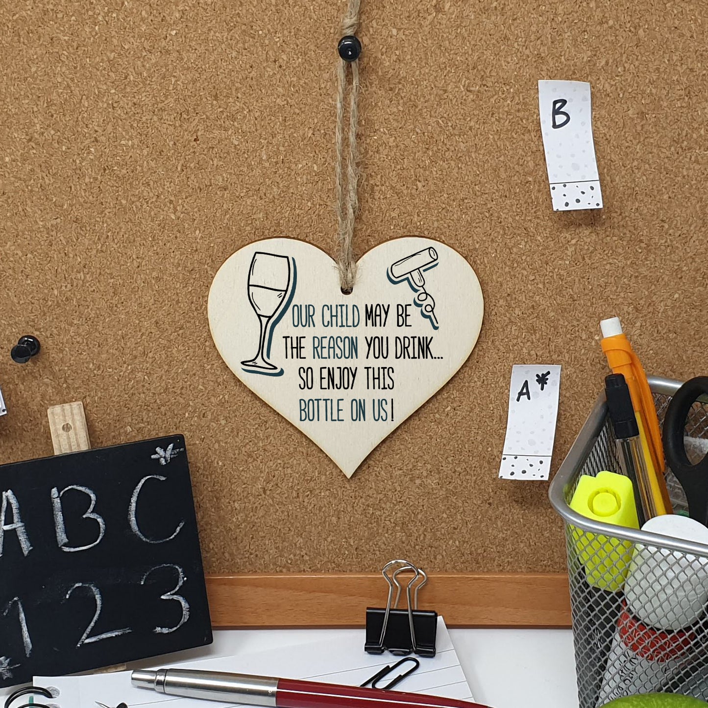 Handmade Wooden Hanging Heart Plaque Gift Our child may be the reason you drink novelty fun alcohol Thank You present card alternative bottle tag