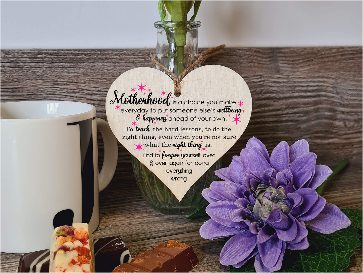 Handmade Wooden Hanging Heart Plaque Gift for Mum Loving Thoughtful Present about Motherhood