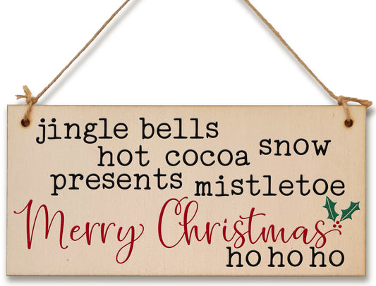 Christmas Winter Poem Decorative Christmas Sign Jingle Bells Mistletoe Ho Ho Ho Handmade Wooden Hanging Wall Plaque Gift