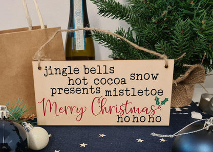 Christmas Winter Poem Decorative Christmas Sign Jingle Bells Mistletoe Ho Ho Ho Handmade Wooden Hanging Wall Plaque Gift