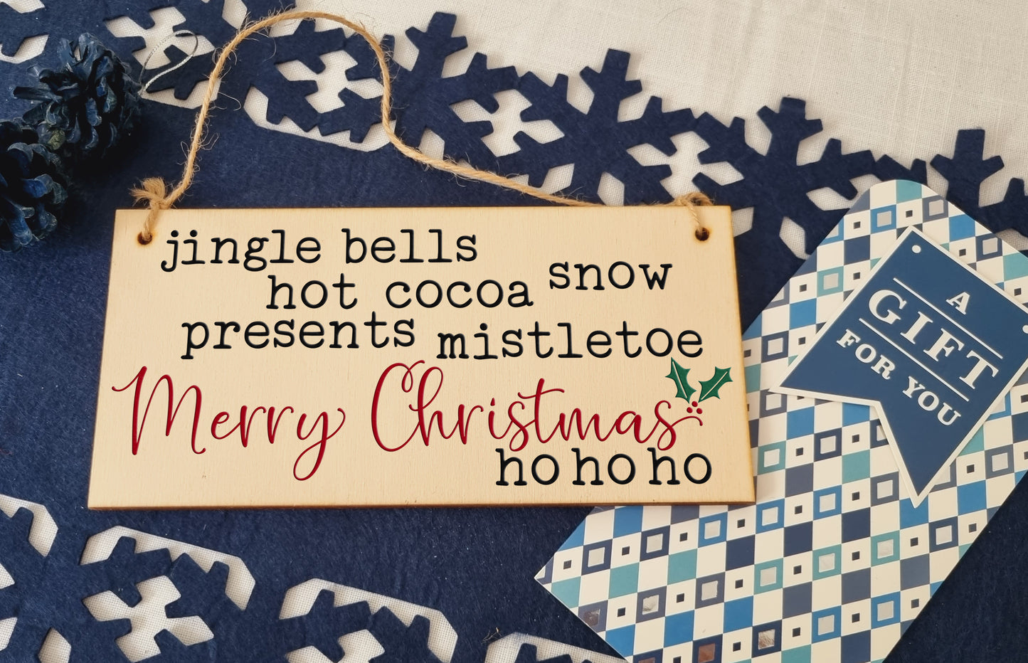 Christmas Winter Poem Decorative Christmas Sign Jingle Bells Mistletoe Ho Ho Ho Handmade Wooden Hanging Wall Plaque Gift