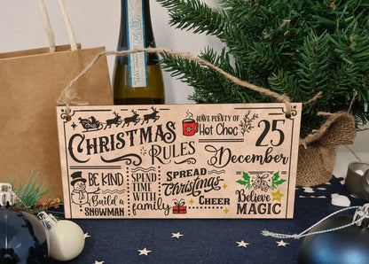 Christmas Rules Be Kind Spread Xmas Cheer Fun Sign Vintage Effect Sign Handmade Wooden Hanging Wall Plaque Gift