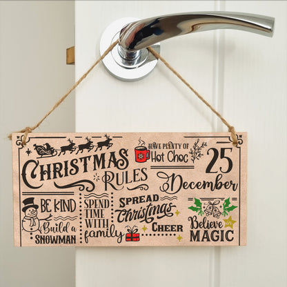 Christmas Rules Be Kind Spread Xmas Cheer Fun Sign Vintage Effect Sign Handmade Wooden Hanging Wall Plaque Gift