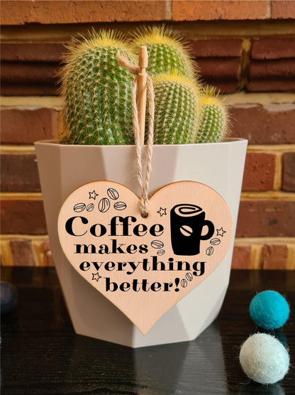 Handmade Wooden Hanging Heart Plaque Gift for Coffee Lovers Novelty Funny Keepsake