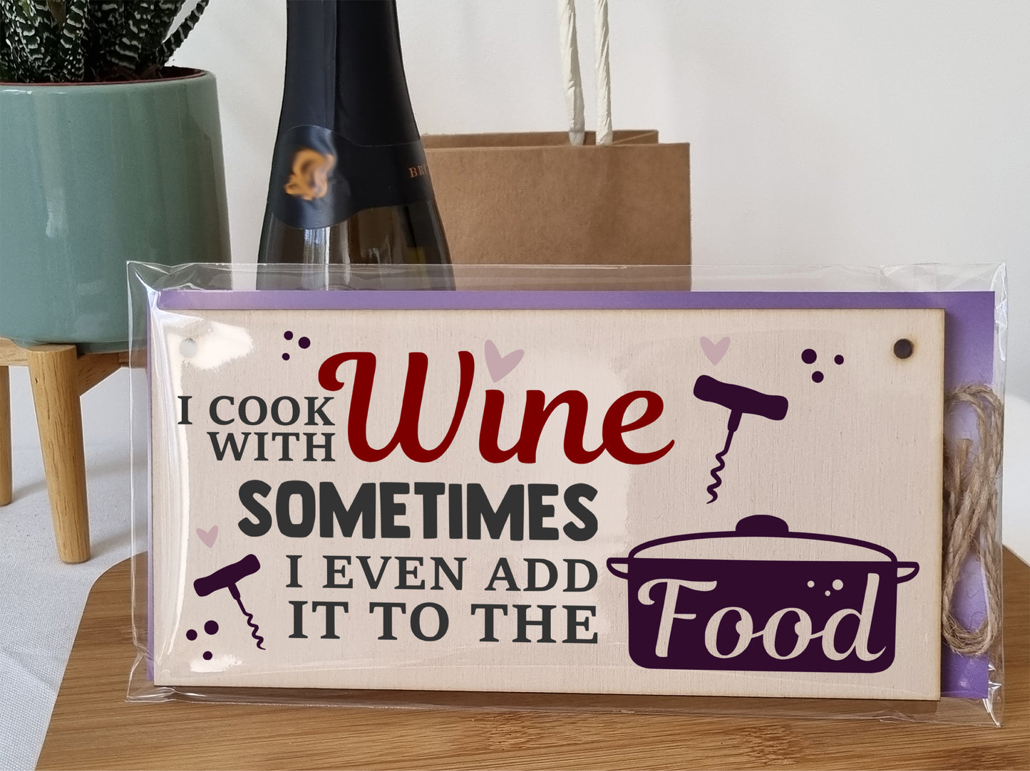 I Cook With Wine Funny Novelty Handmade Wooden Hanging Wall Plaque Gift Kitchen Home Bar Sign Decoration