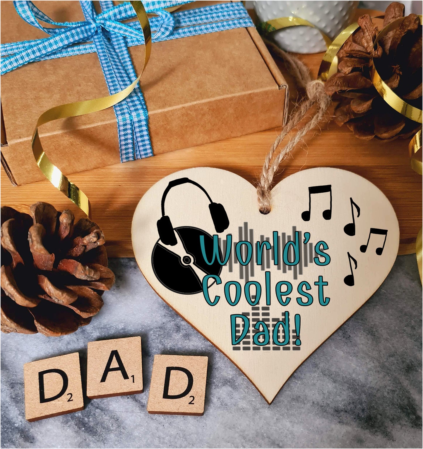 Handmade Wooden Hanging Heart Plaque Gift for Dad this Fathers Day Novelty Fun Thoughtful Keepsake for Music Fan