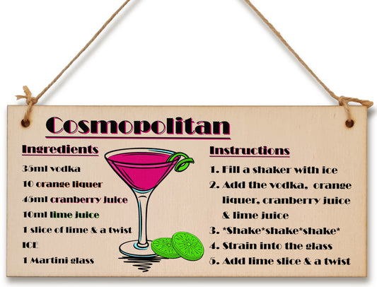 Handmade Wooden Hanging Wall Plaque Cosmpolitan Cocktail Recipe Card Gift Decorative Classy Sign Home Bar