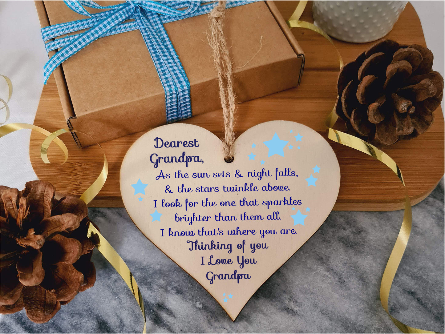 Handmade Wooden Hanging Heart Plaque Gift to remember Grandpa Loving Thoughtful Remembrance Keepsake