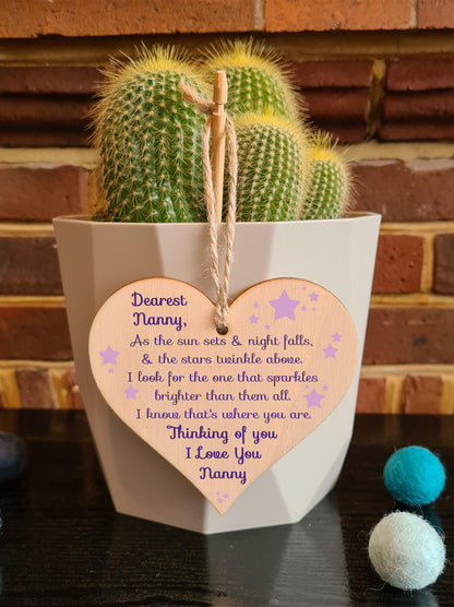 Handmade Wooden Hanging Heart Plaque Gift to remember Nanny Loving Thoughtful Remembrance Keepsake