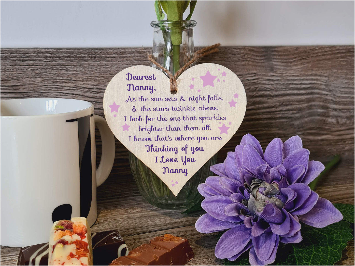 Handmade Wooden Hanging Heart Plaque Gift to remember Nanny Loving Thoughtful Remembrance Keepsake